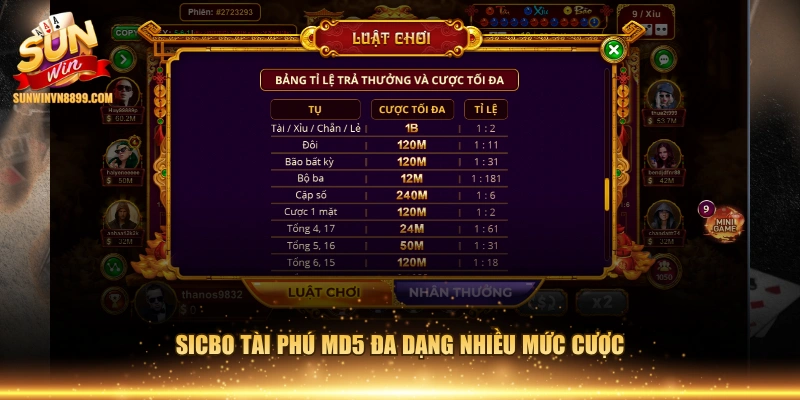 Sicbo tài phú MD5 đa dạng nhiều mức cược
